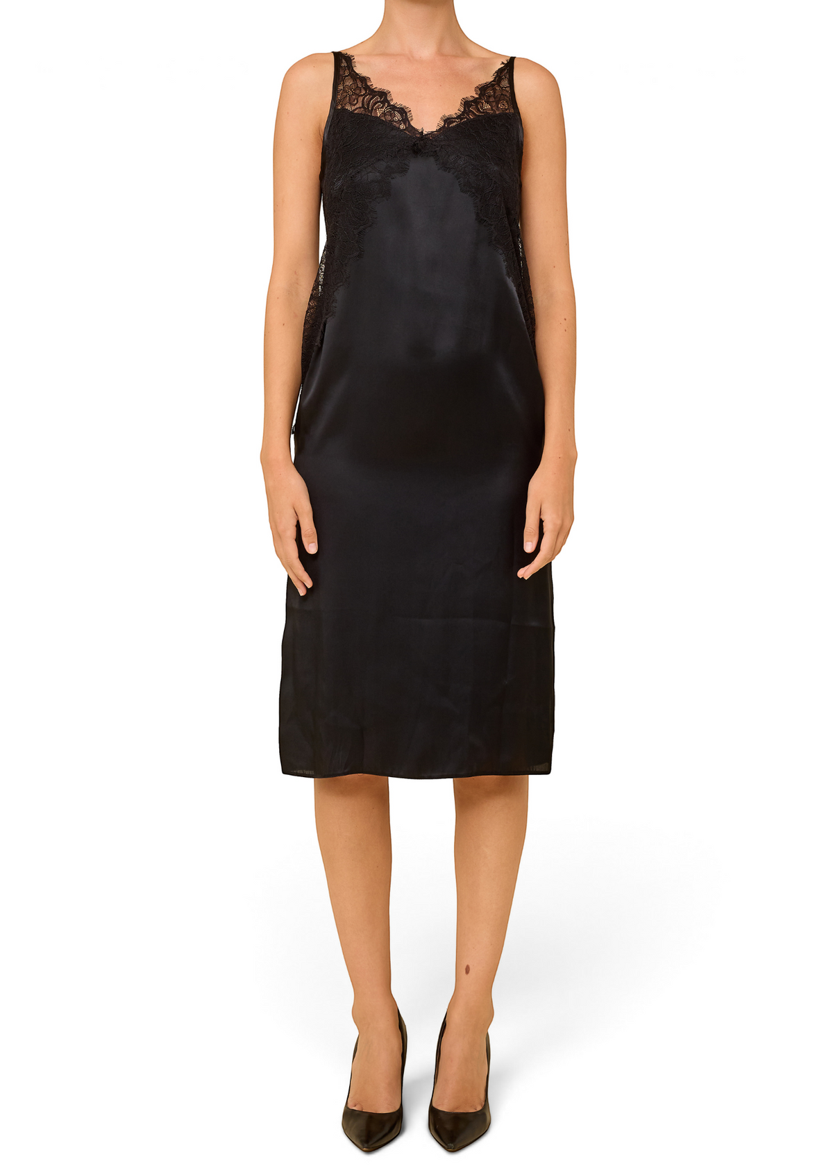 Lost Labels Max Mara black silk slip dress with delicate lace trim and refined tailoring on a model