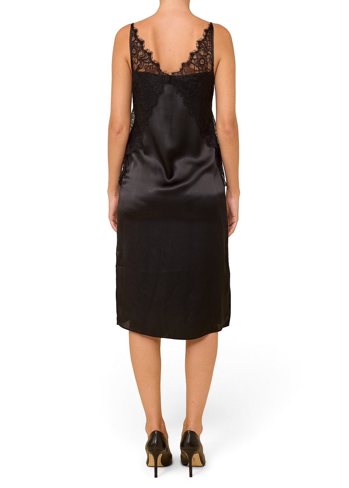 Lost Labels Max Mara black silk slip dress with delicate lace trim on the back, shown from a rear view.