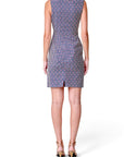 Back view of a Lost Labels Missoni knit dress featuring a chevron pattern in blue, white, and pink on a model.