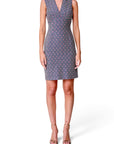Lost Labels Missoni knit dress in a navy and pink chevron pattern with a V-neckline, worn by a model.