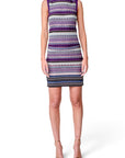 Lost Labels Missoni sleeveless knit mini dress featuring a vibrant purple and multi-colored signature zigzag pattern.