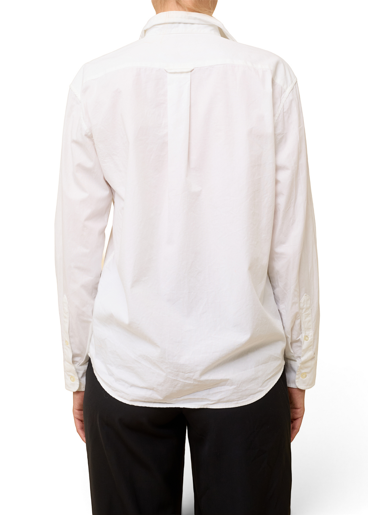 Back view of a person wearing a crisp white Miu Miu blouse with long sleeves and a classic collar from Lost Labels.