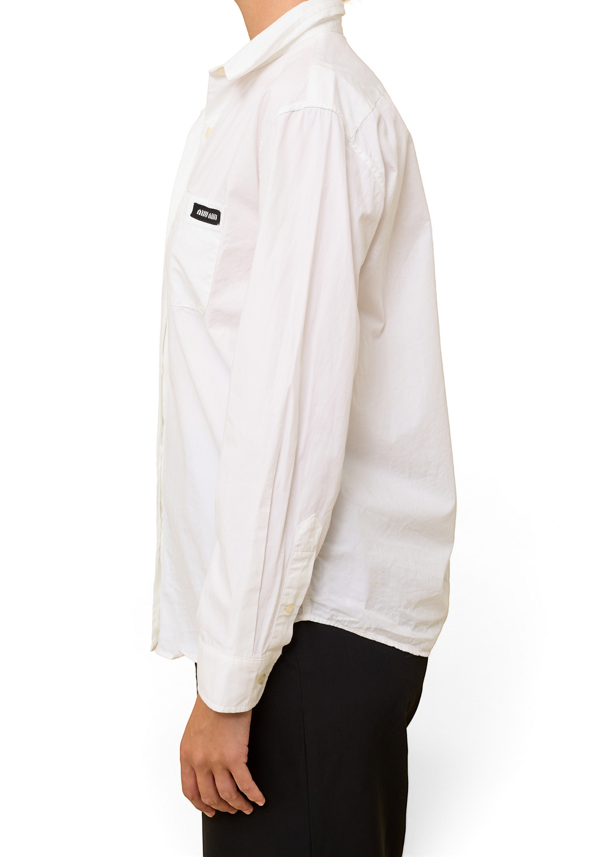 Lost Labels Miu Miu white cotton button-down blouse with a small black logo patch on the chest pocket