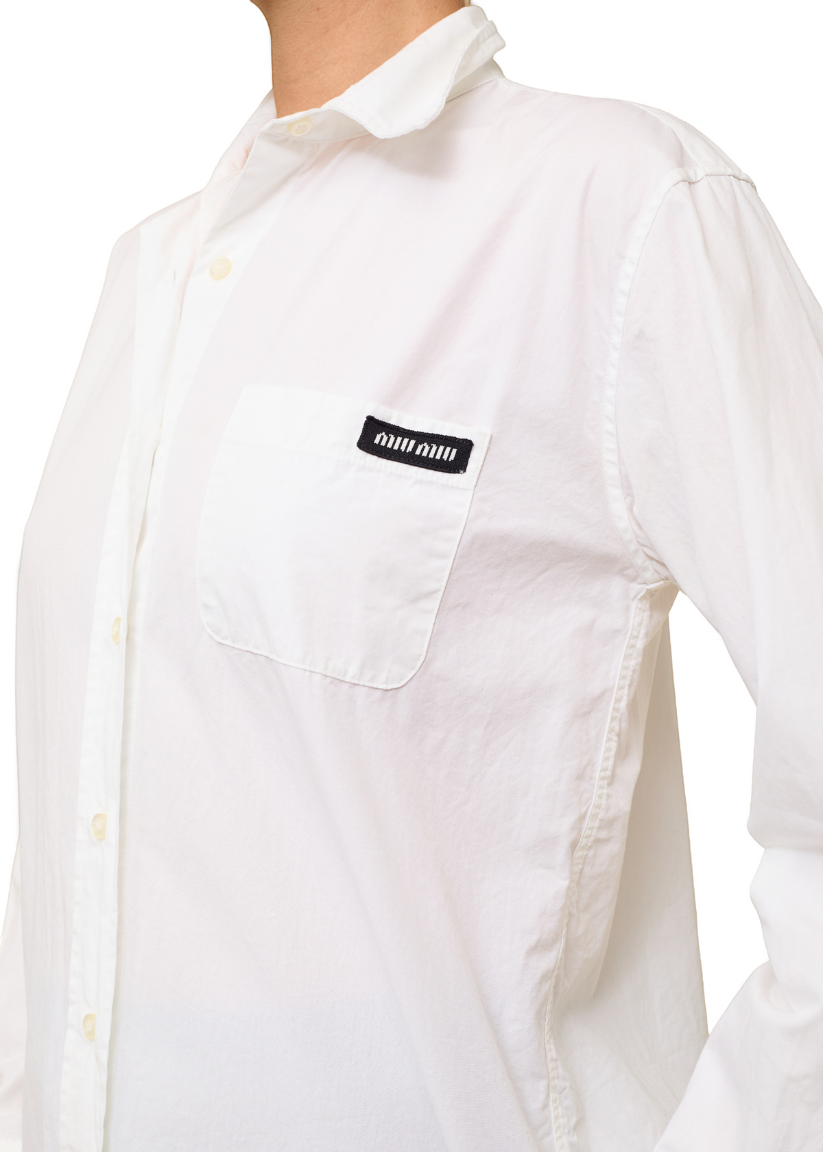 Lost Labels Miu Miu white cotton button-down blouse with a chest pocket and black logo patch