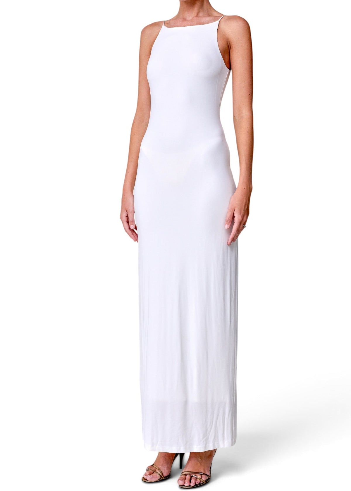 Lost Labels Nili Lotan white sleeveless maxi dress in a soft viscose blend with a relaxed, draped silhouette.
