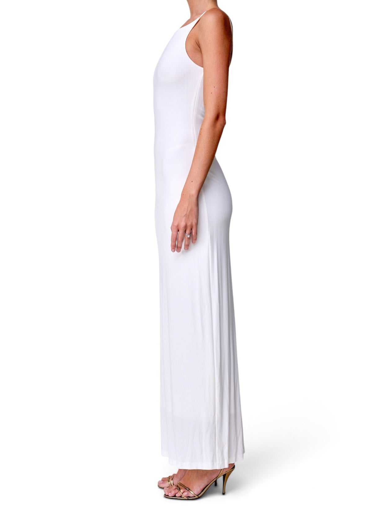 Lost Labels Nili Lotan white sleeveless maxi dress in a soft viscose blend with a relaxed, draped silhouette.