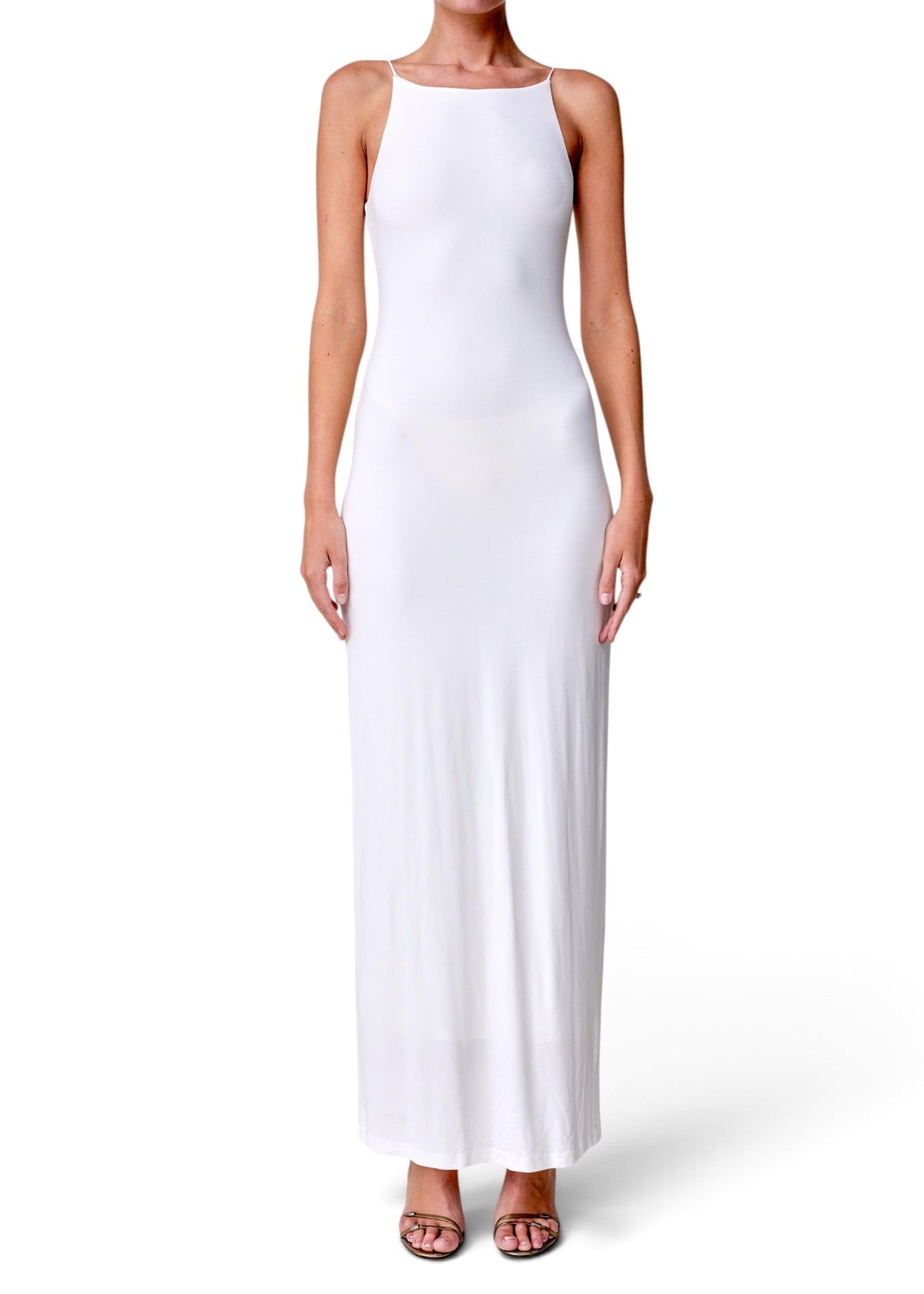 Lost Labels Nili Lotan white maxi dress in a soft viscose blend with a relaxed silhouette and high neckline
