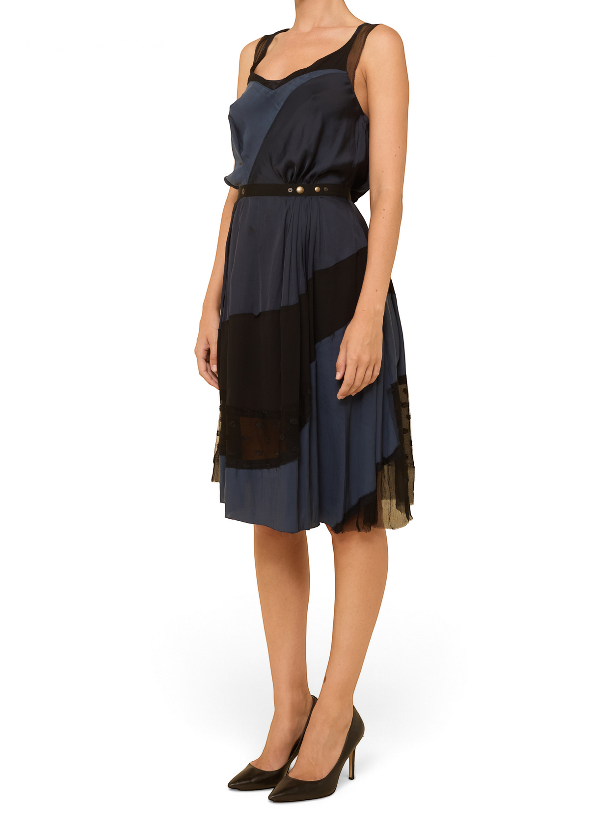 Lost Labels Nina Ricci silk dress in navy and black with a fluid drape and belted waist, worn by a model.