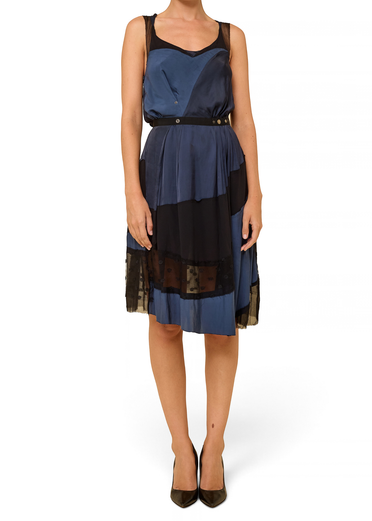 Lost Labels Nina Ricci silk dress in blue and black with sheer paneling and fluid drape, worn by a model.