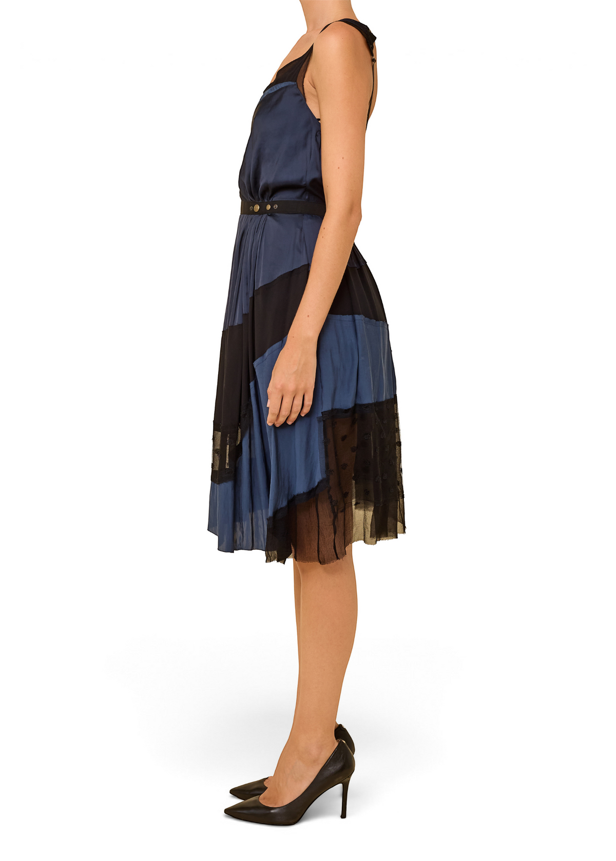 Lost Labels Nina Ricci silk dress in blue and black with a fluid drape and sheer paneling, side view.