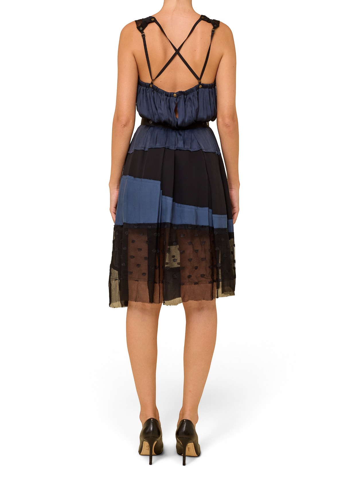 Lost Labels Nina Ricci silk dress featuring a fluid drape, crisscross back straps, and a sheer black polka dot hem.