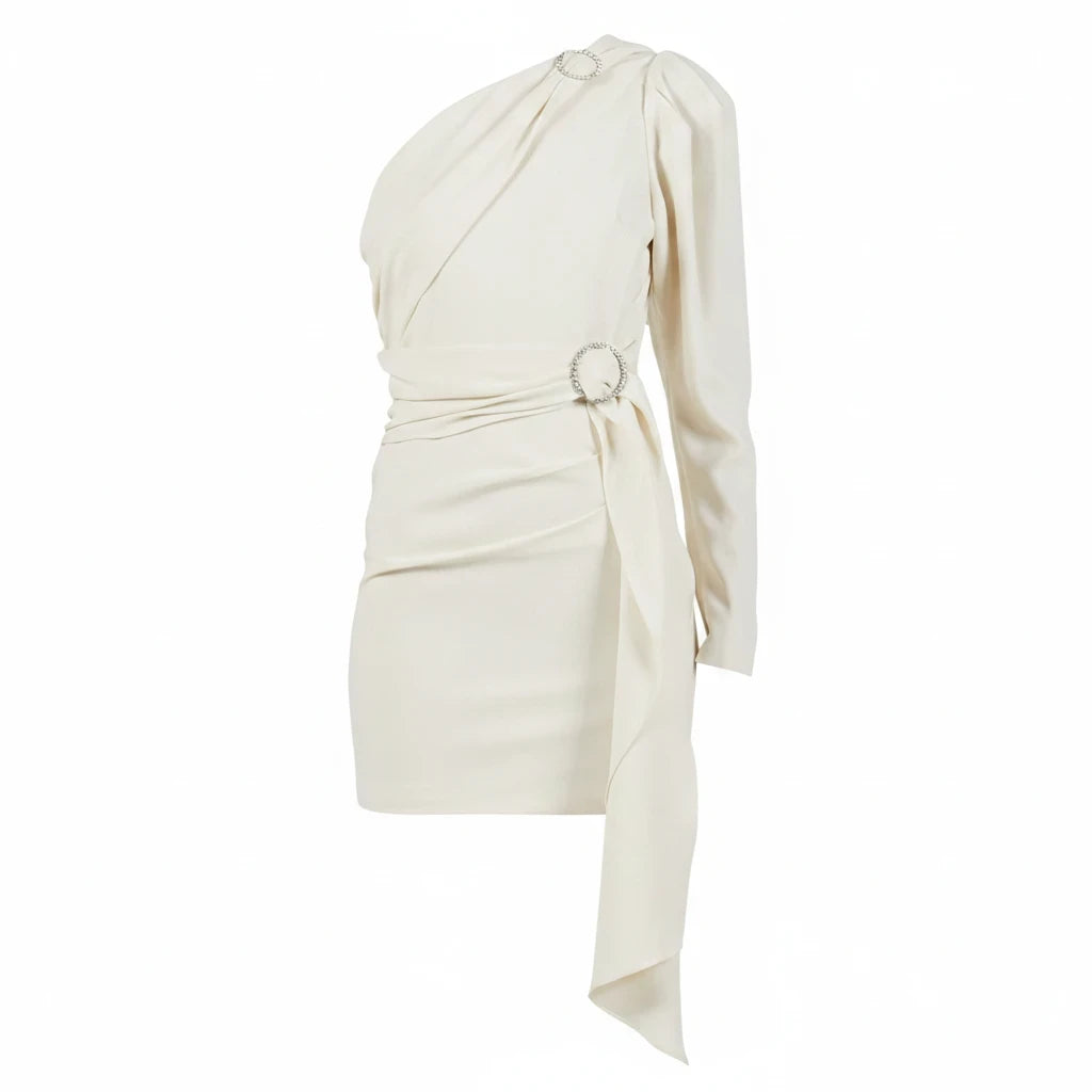Lost Labels off-white one-shoulder mini dress with crystal-embellished ring accents and ruched waist detail.