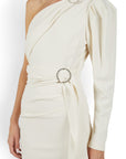 Lost Labels off-white one-shoulder mini dress with crystal-embellished ring accents and ruched waist detail.