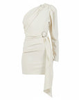 Lost Labels off-white one-shoulder mini dress with crystal-embellished ring accents and ruched waist detail.