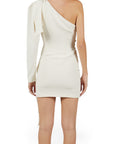 Back view of a Lost Labels off-white one-shoulder mini dress with a long sleeve and draped side panel
