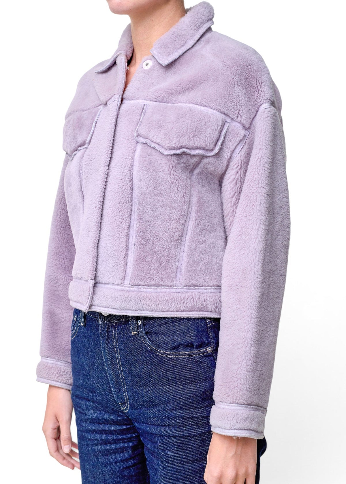 Lost Labels 3.1 Phillip Lim lavender faux shearling cropped jacket with button-up front and chest pockets