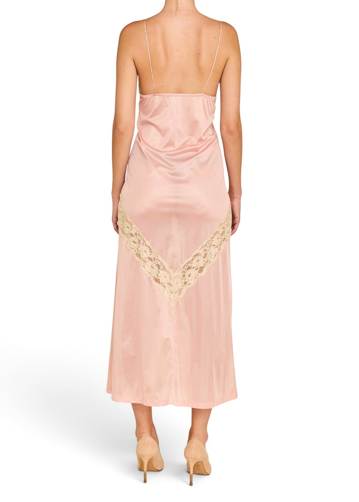 Lost Labels vintage blush pink nylon slip dress with lace trim detailing on the back, shown from a rear view.
