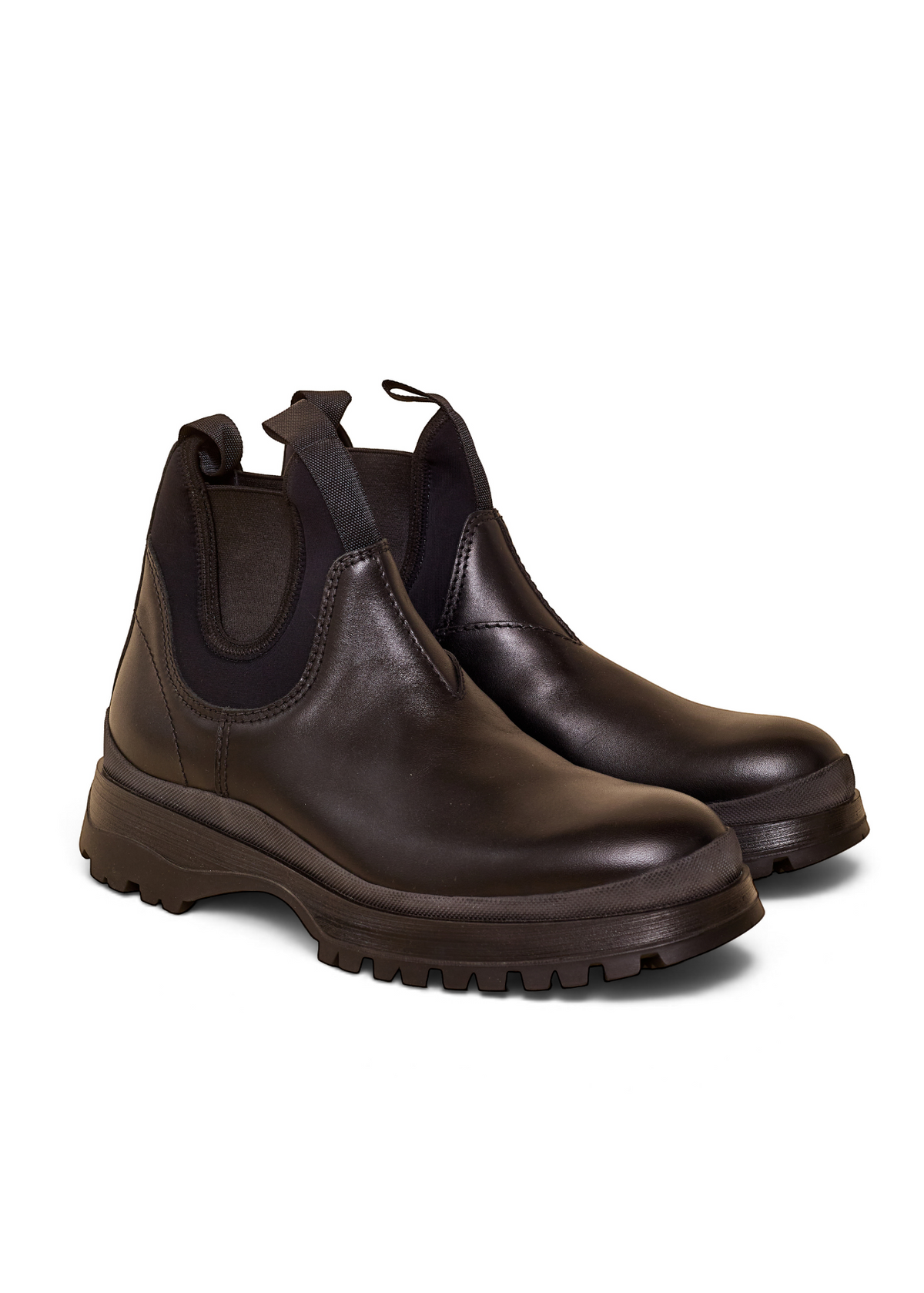 Lost Labels Prada black leather Chelsea boots with elastic side panels and a chunky lug sole for a refined look.