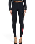 Lost Labels Prada black ribbed tights featuring a signature red logo stripe on the lower leg.