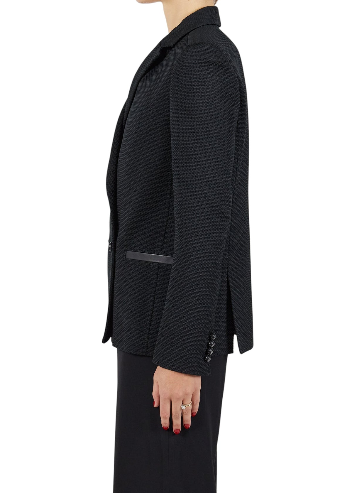Lost Labels Proenza Schouler black double-breasted blazer in a textured wool blend with tailored side view