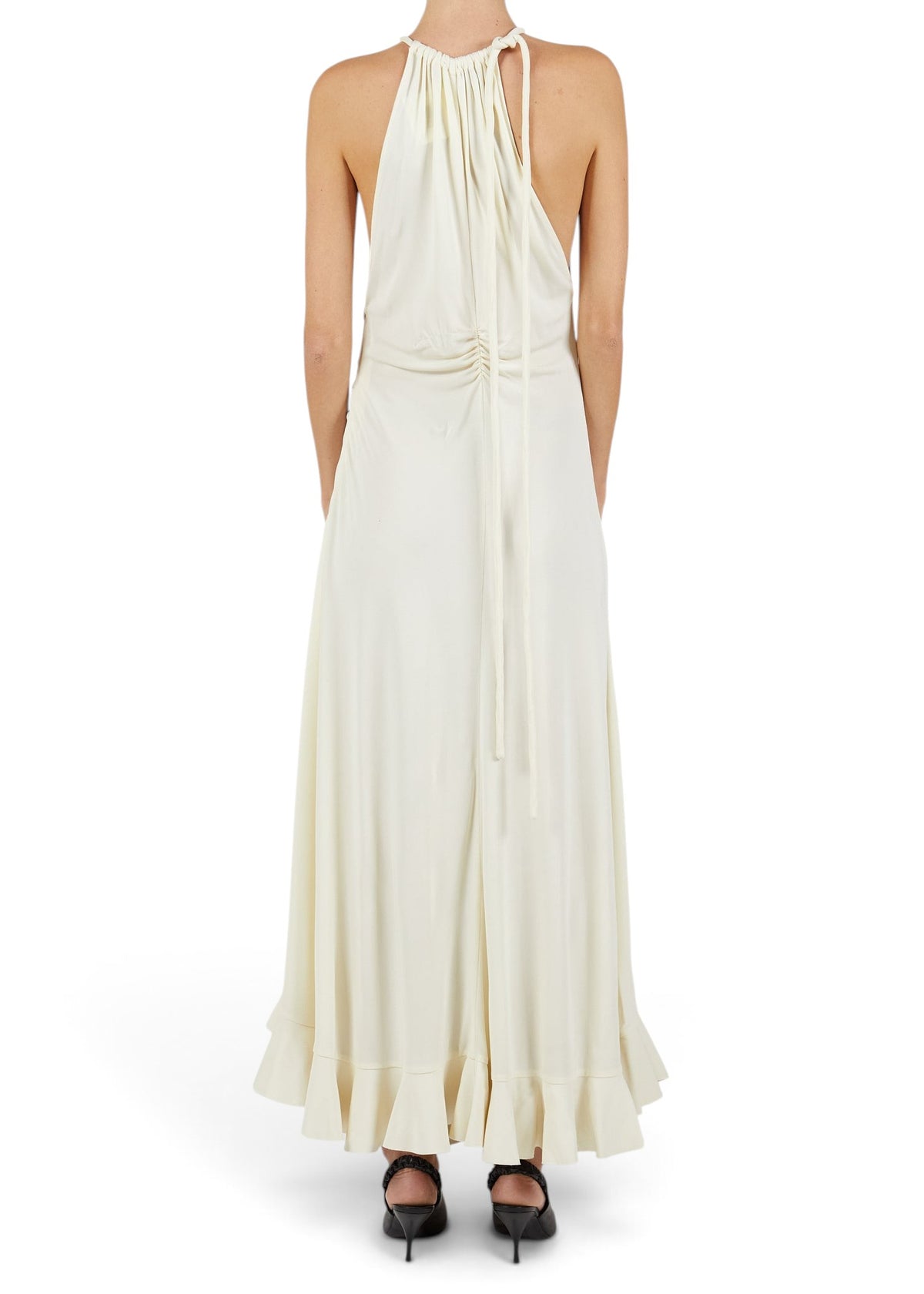 Lost Labels Proenza Schouler off-white viscose maxi dress with a halter neck and ruffled hem, back view