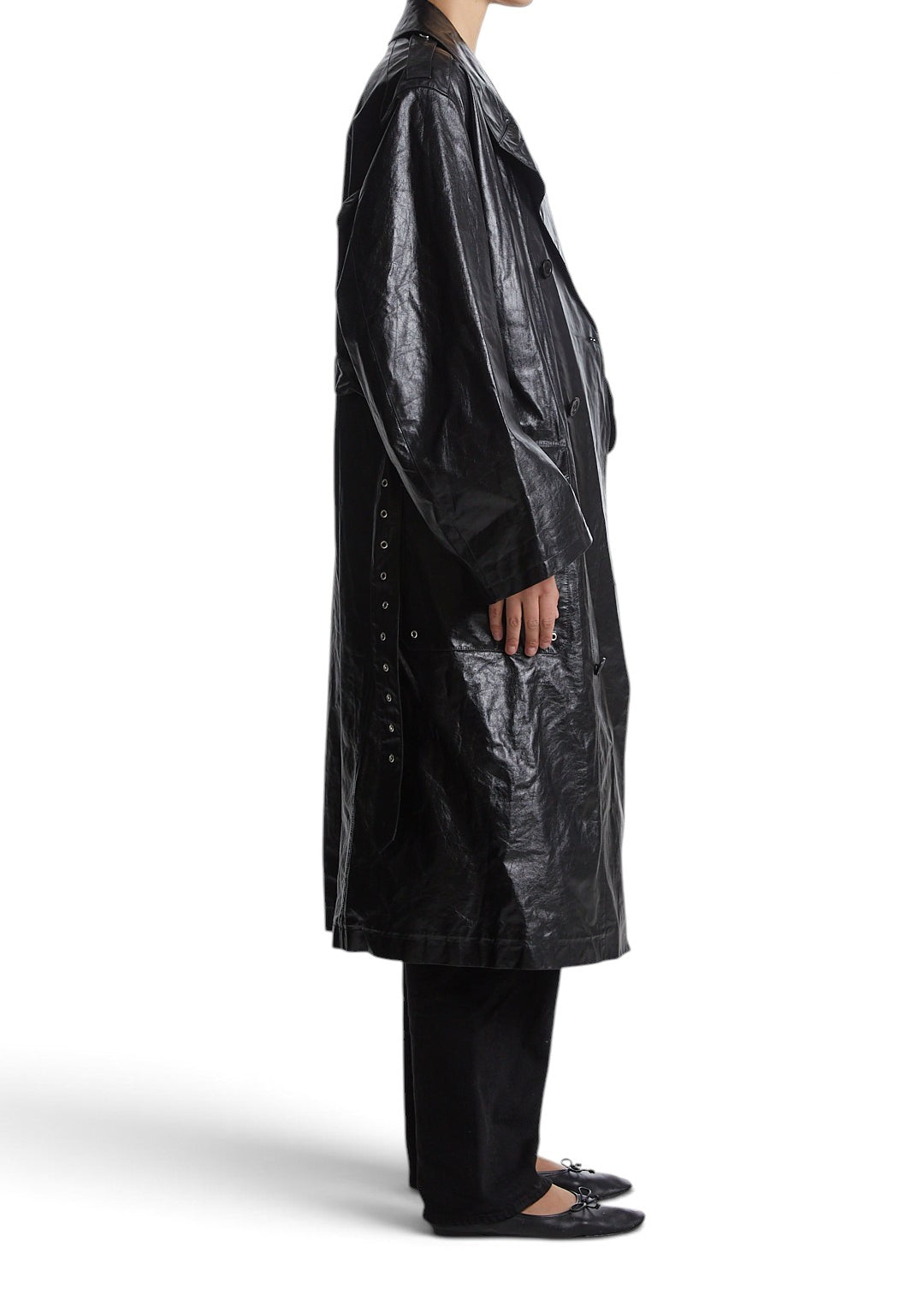 Lost Labels Ralph Lauren black crinkled leather trench coat with double-breasted design, side view on a model
