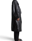 Lost Labels Ralph Lauren black crinkled leather trench coat with double-breasted design, side view on a model