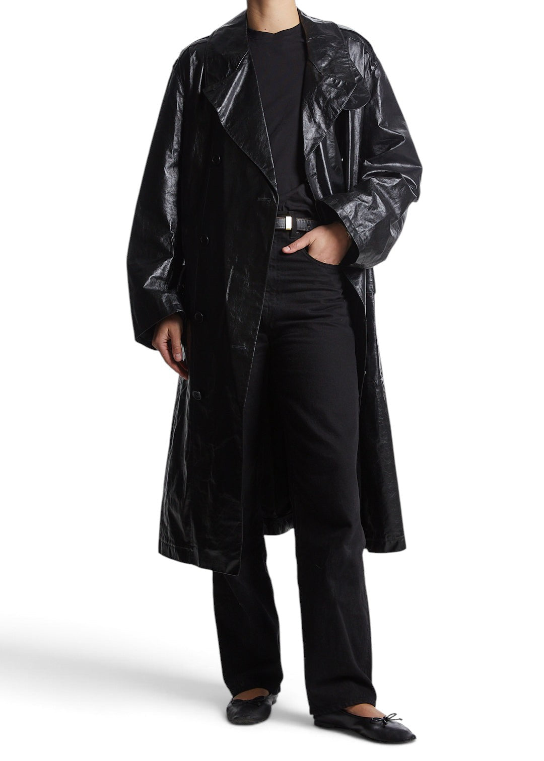 Lost Labels Ralph Lauren black crinkled leather trench coat worn by a model with black jeans and flats
