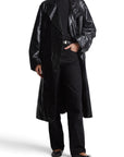 Lost Labels Ralph Lauren black crinkled leather trench coat worn by a model with black jeans and flats