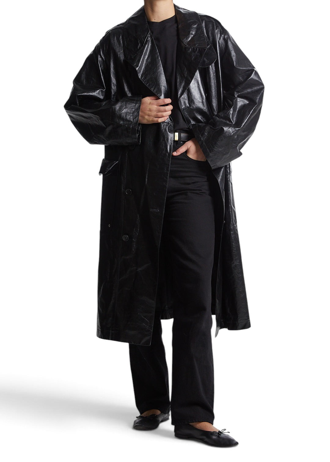 Lost Labels Ralph Lauren black crinkled leather trench coat on a model with a double-breasted longline silhouette.