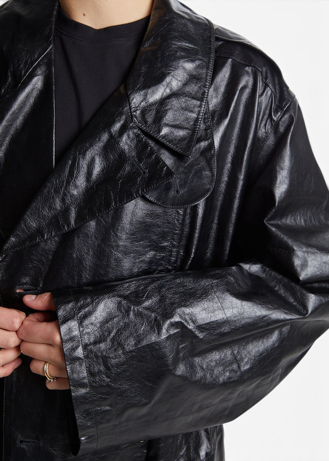 Lost Labels Ralph Lauren black crinkled leather trench coat with a double-breasted collar and structured fit
