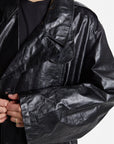 Lost Labels Ralph Lauren black crinkled leather trench coat with a double-breasted collar and structured fit