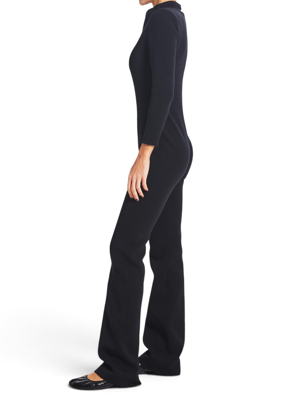 Lost Labels Saint Laurent black wool-blend long-sleeve jumpsuit, size 34, shown from a side profile view.