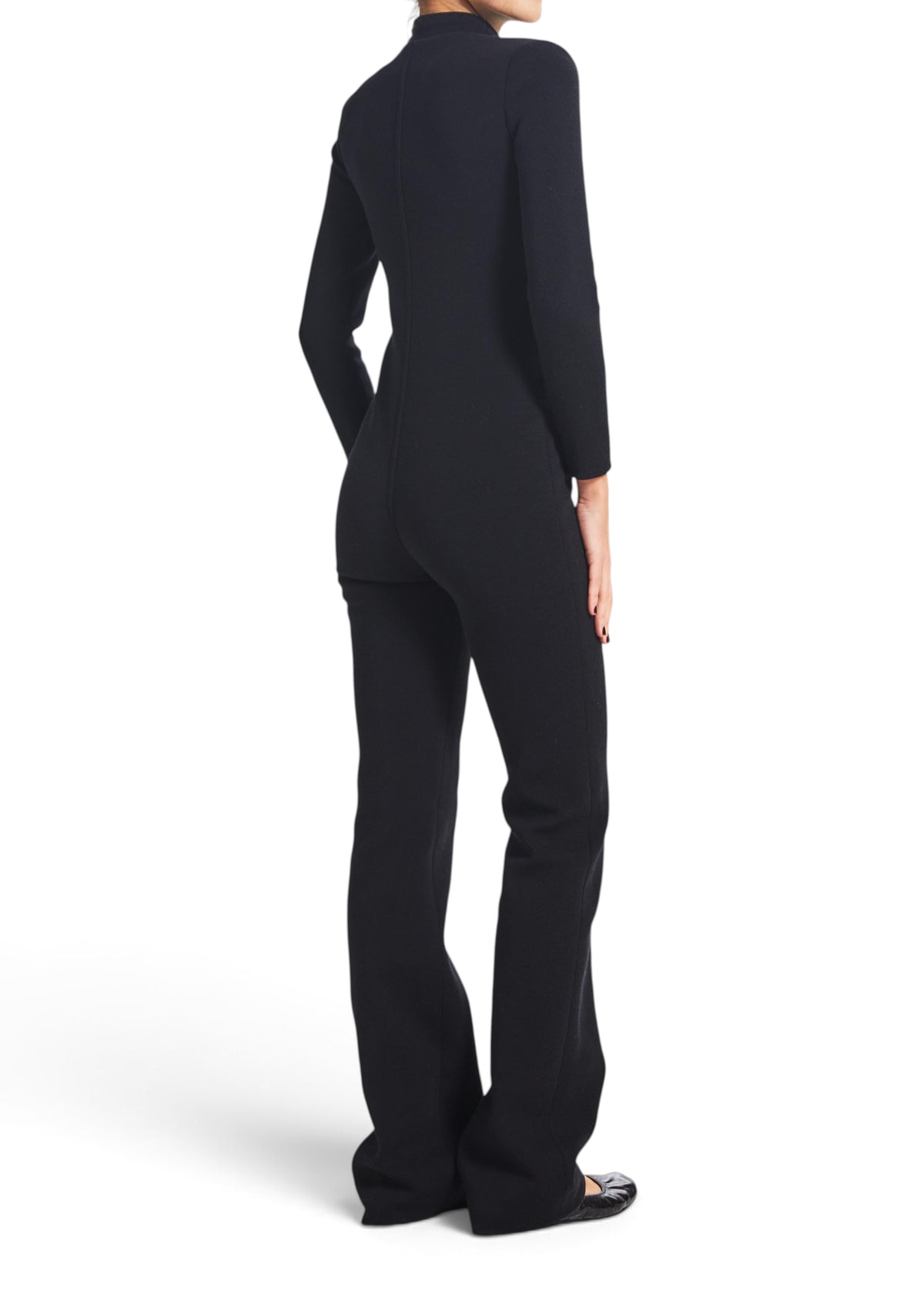 Lost Labels Saint Laurent black wool-blend long-sleeve jumpsuit worn by a model, back view