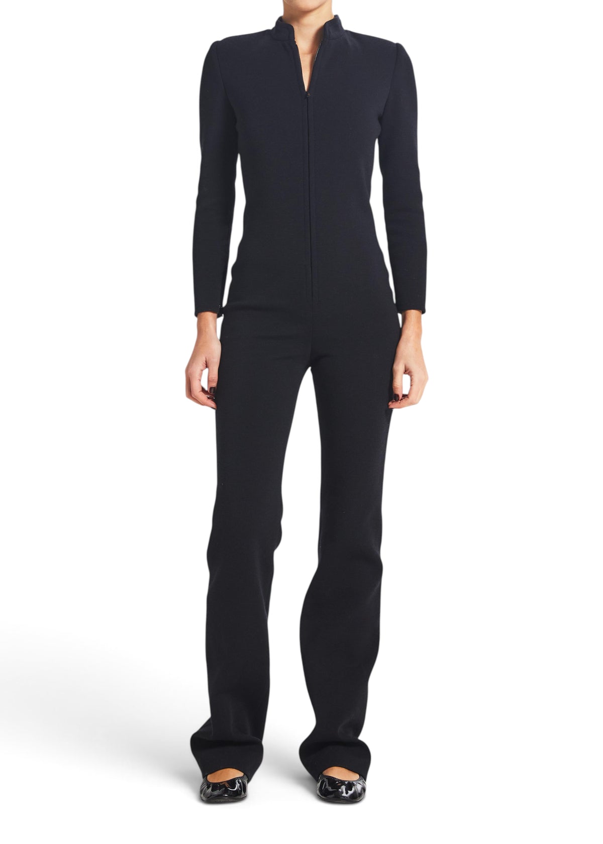 Lost Labels Saint Laurent black wool-blend jumpsuit with a front zip closure and long sleeves on a model.