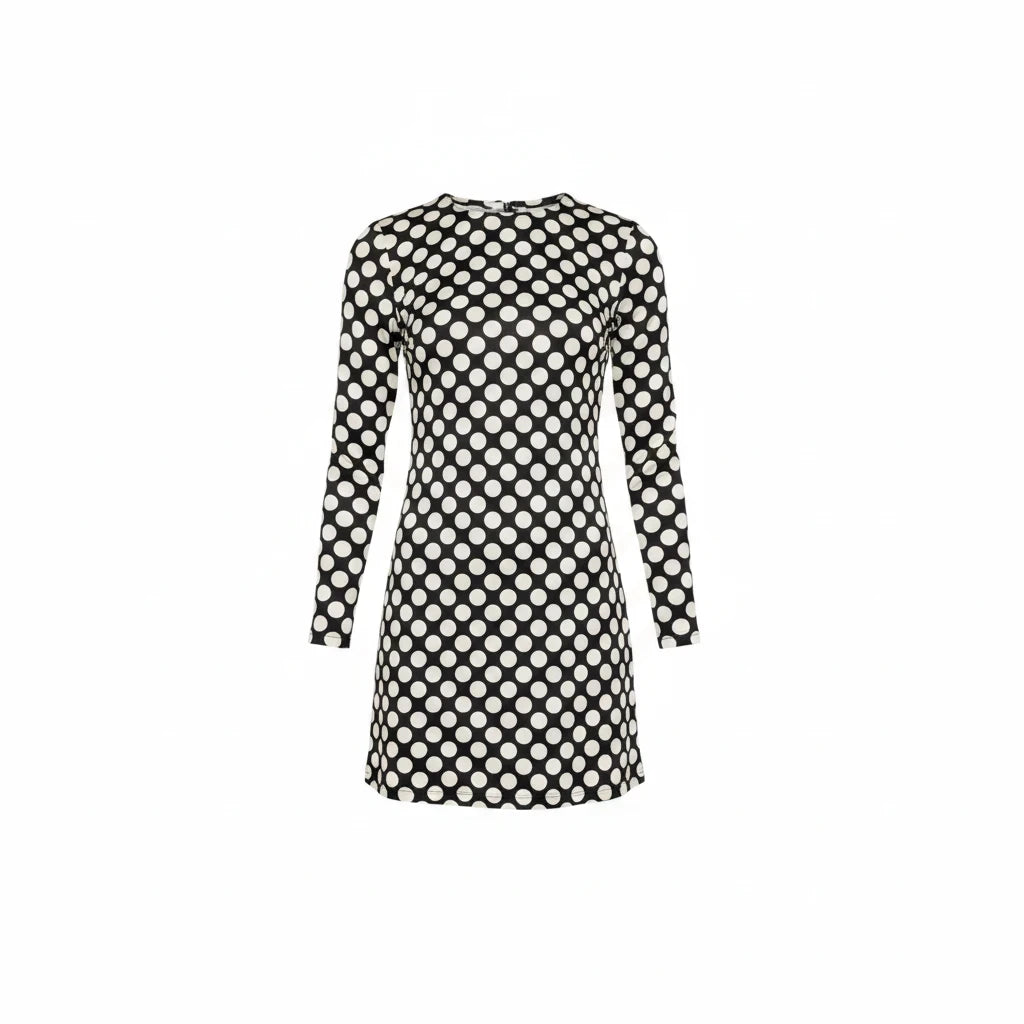 Lost Labels Saint Laurent black and white polka dot long sleeve mini dress with a round neckline.