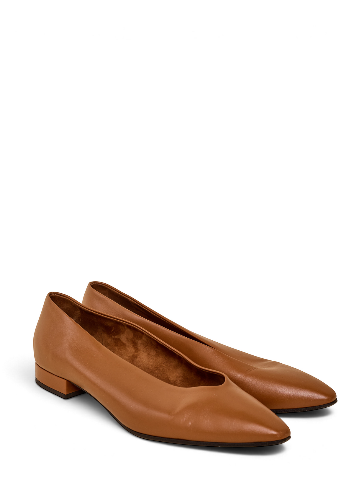 Lost Labels Loro Piana tan leather pointed-toe flats with a low block heel and minimalist Italian design.