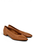 Lost Labels Loro Piana tan leather pointed-toe flats with a low block heel and minimalist Italian design.