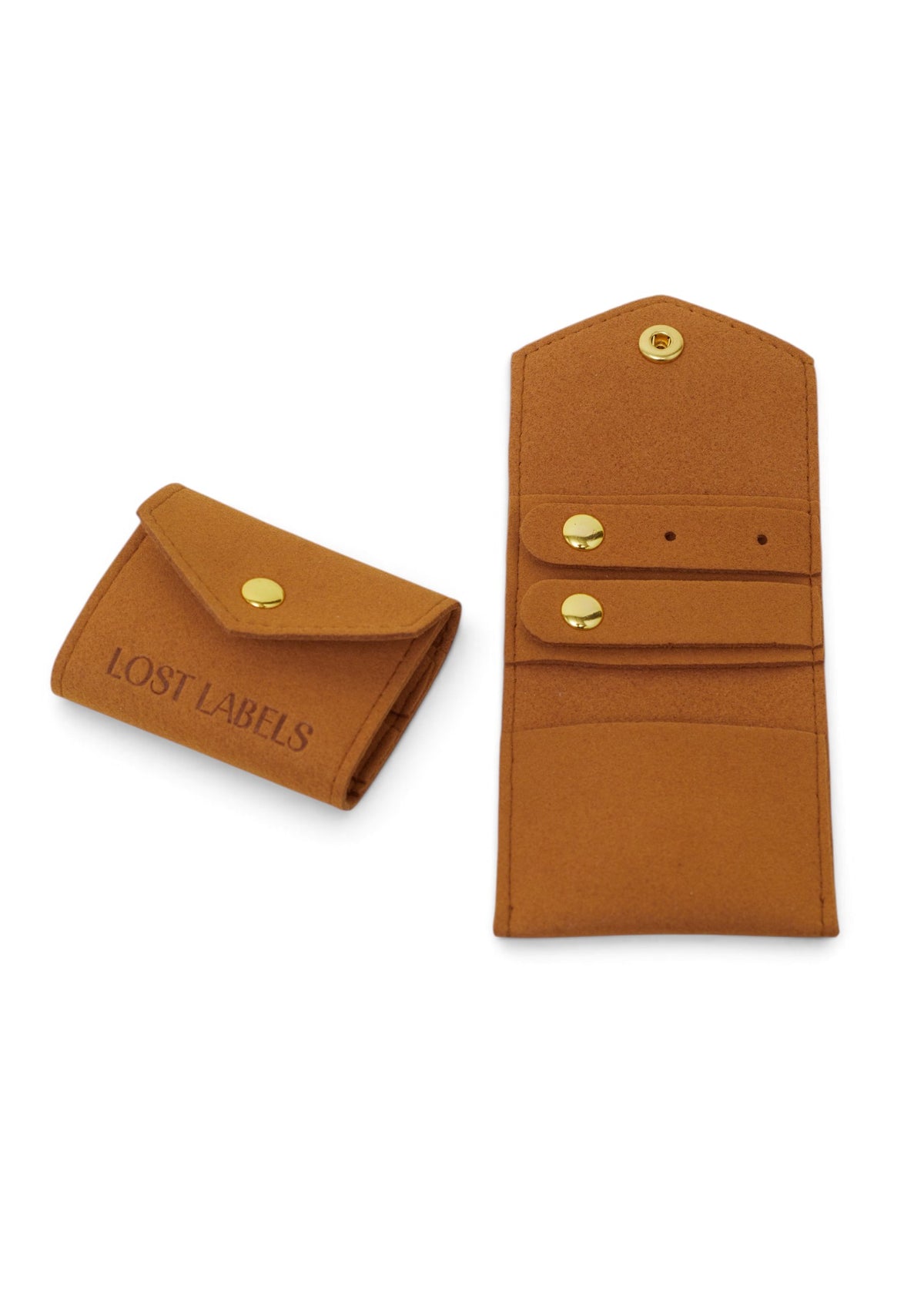 Lost Labels tan suede jewelry travel pouch with gold snap buttons, shown both folded and open.