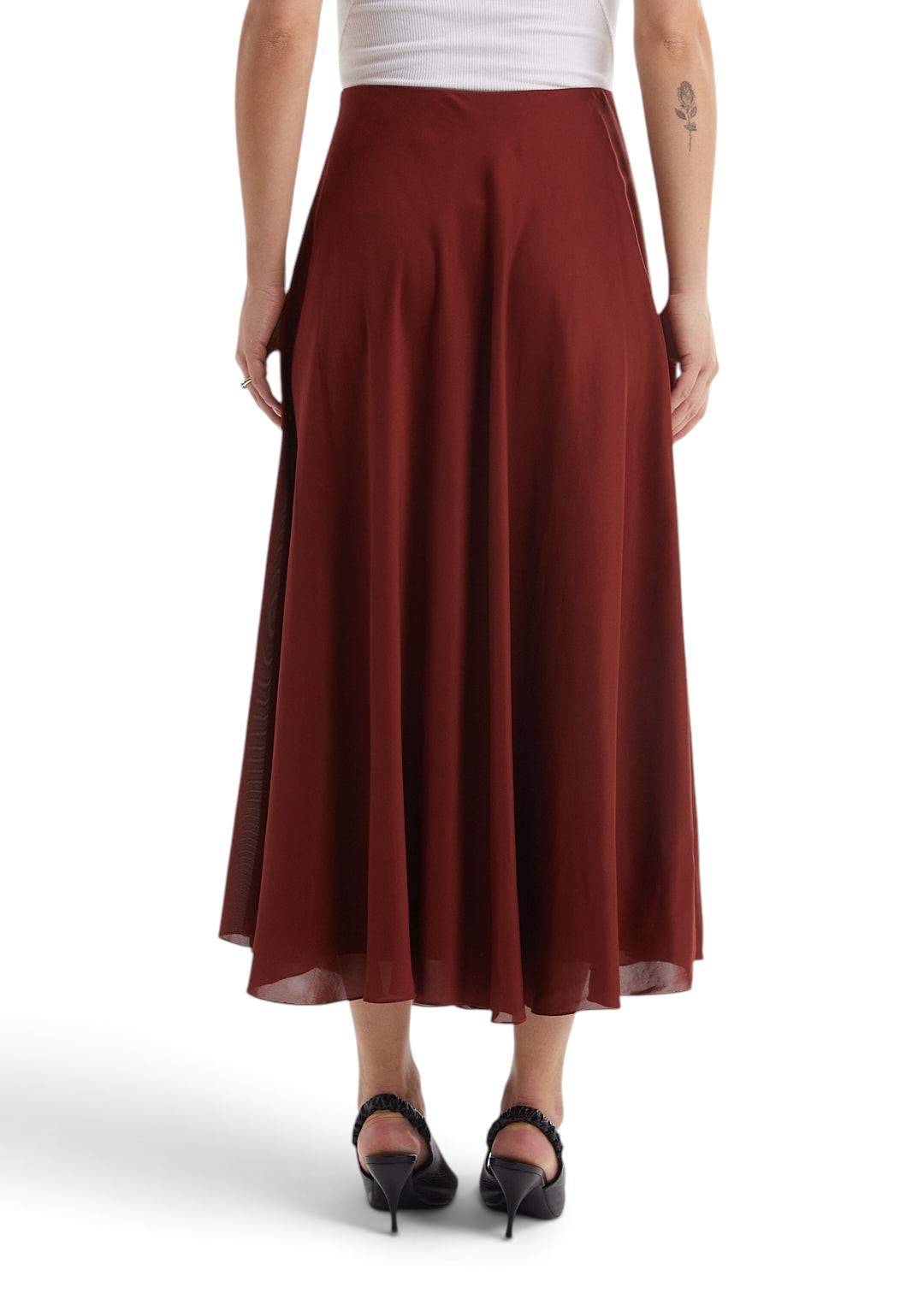 Lost Labels The Row burgundy midi skirt with a fluid A-line silhouette worn by a model from the back view