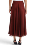 Lost Labels The Row burgundy midi skirt with a fluid A-line silhouette worn by a model from the back view