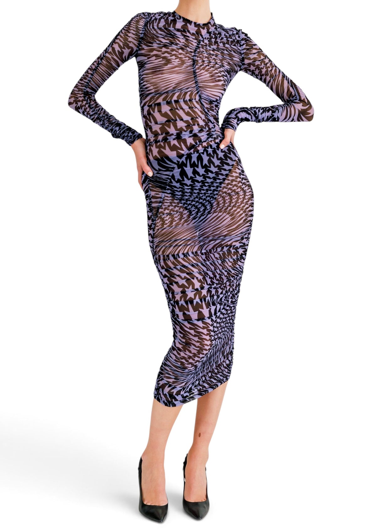Lost Labels Thierry Mugler purple and black printed long-sleeve midi dress in a sculptural polyamide elastane blend