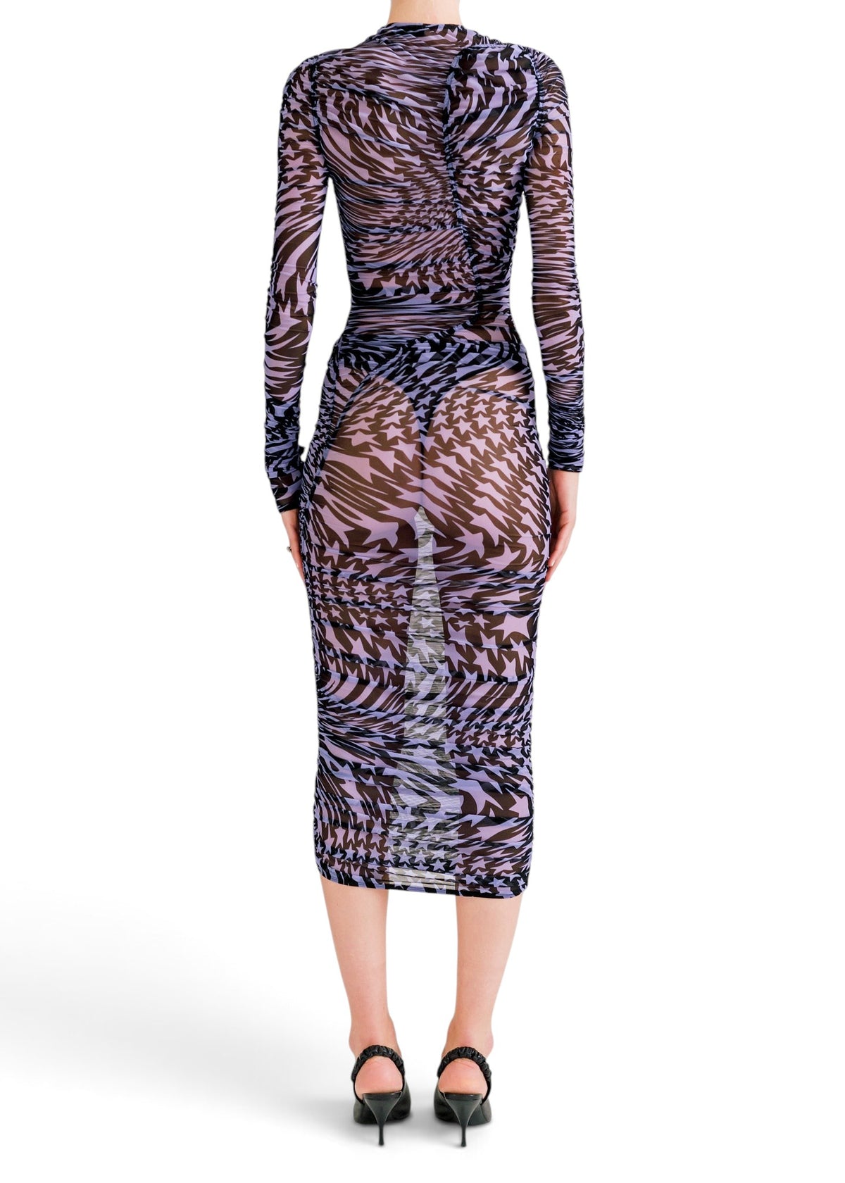 Lost Labels Thierry Mugler purple and black abstract print sheer midi dress with long sleeves, back view