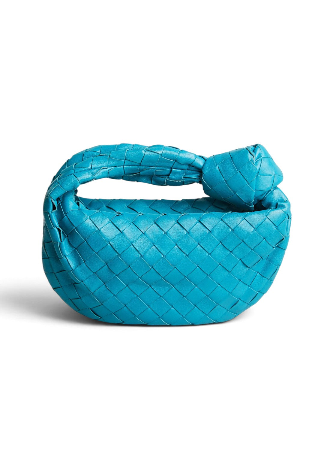 Lost Labels Bottega Veneta Mini Jodie handbag in vibrant turquoise woven lambskin leather with a knotted handle.