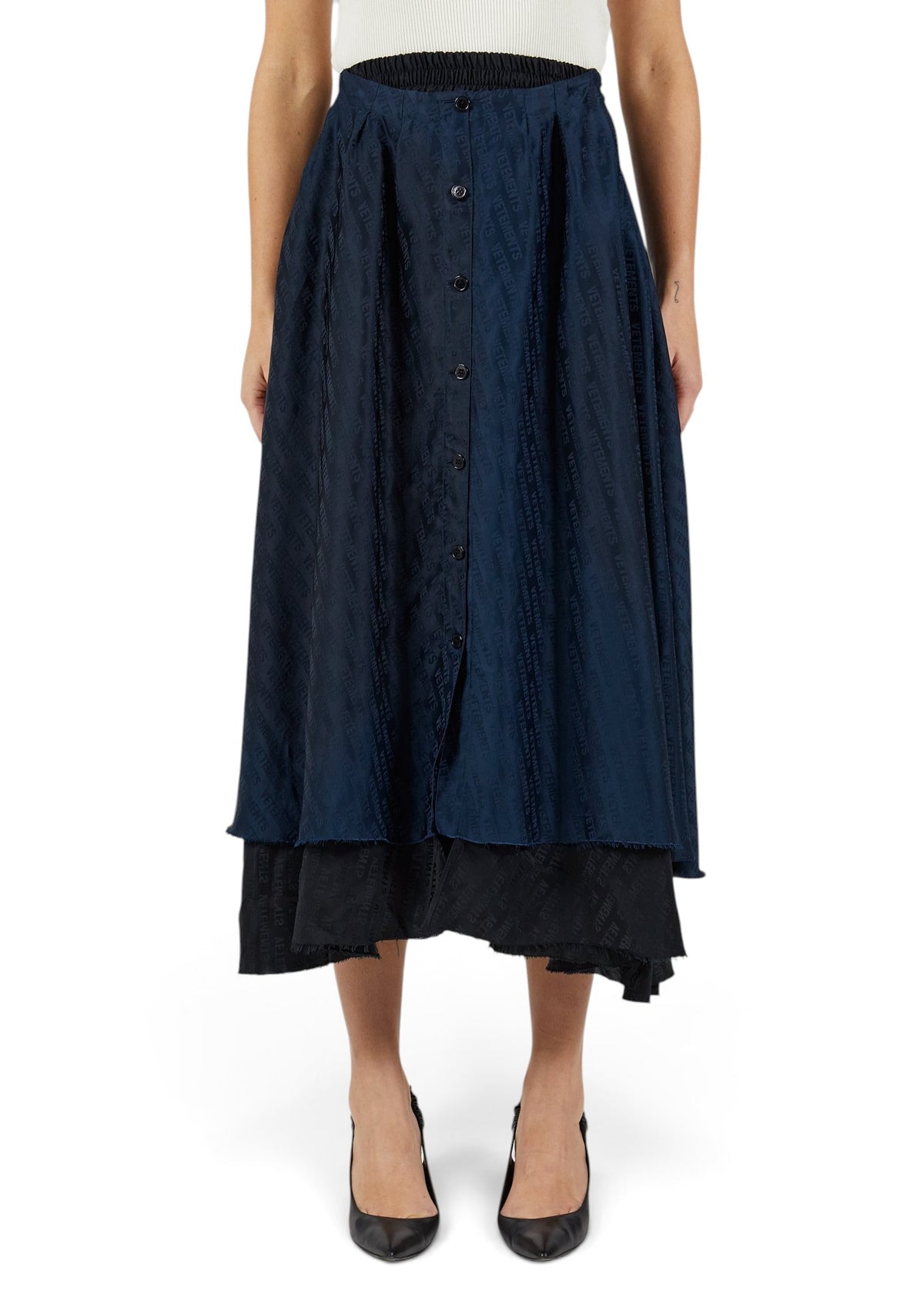 Lost Labels Vetements reversible midi skirt in navy and black with button-down front and logo jacquard pattern