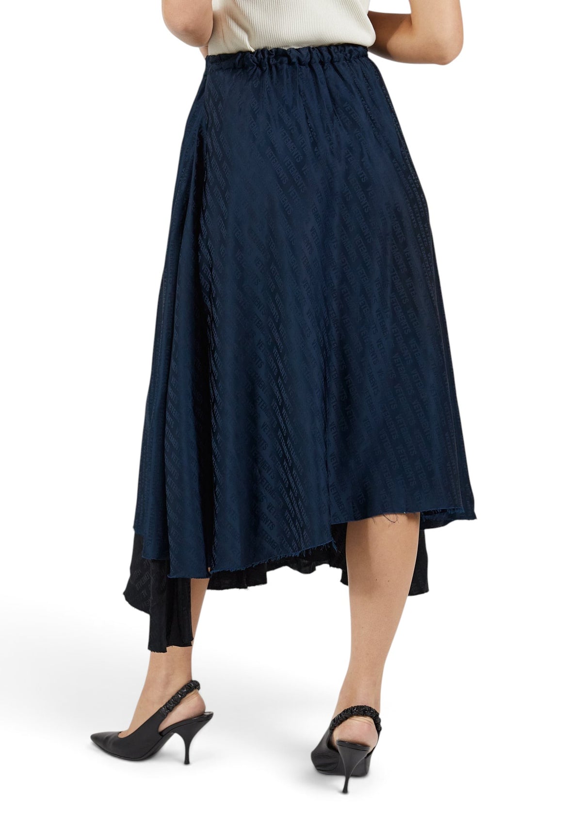 Lost Labels Vetements reversible navy and black midi skirt with all-over logo print and raw hem detail