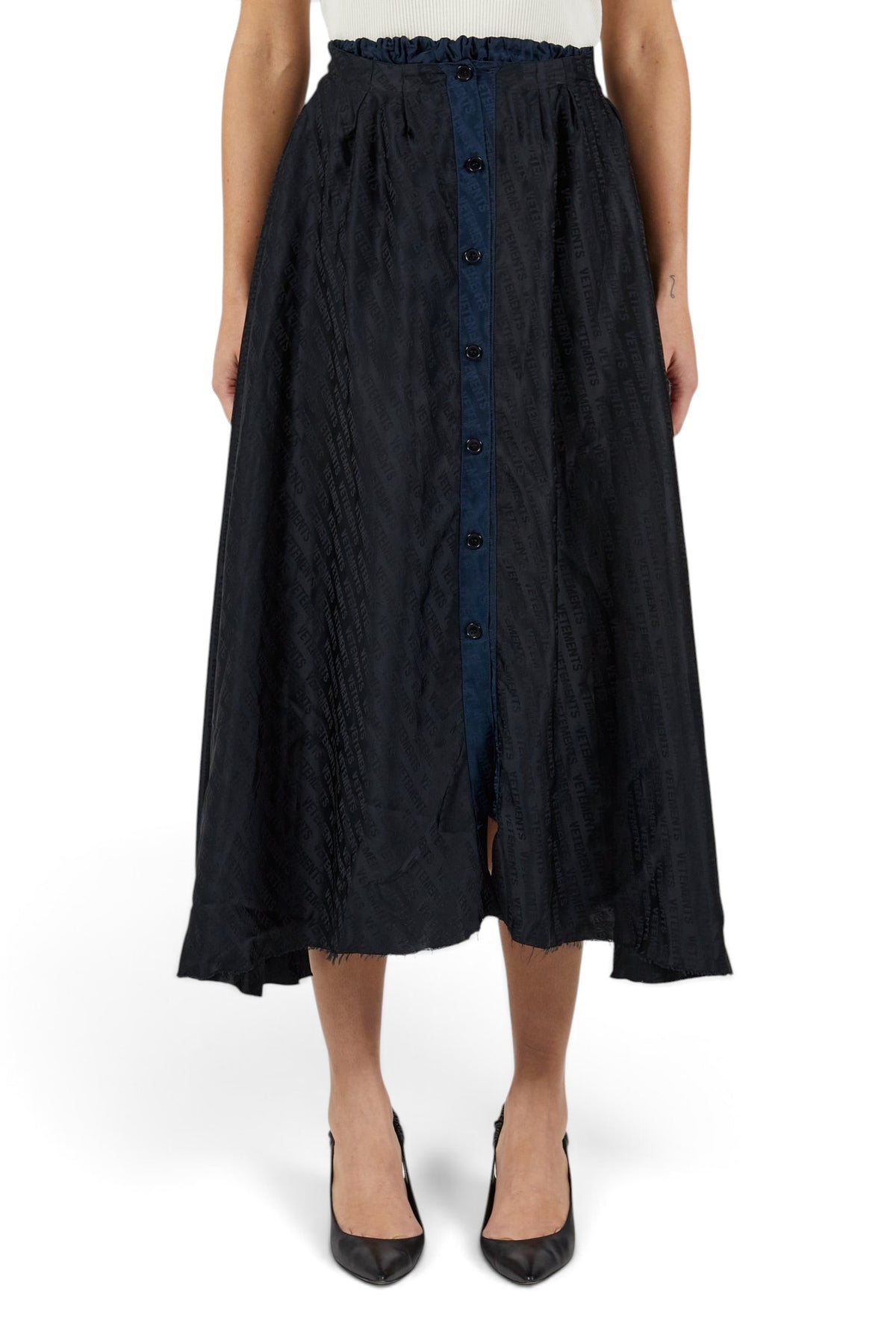 Lost Labels Vetements reversible black and navy midi skirt with all-over logo print and button-down front detail