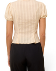 Back view of a Lost Labels vintage cream striped top with puff sleeves and a fitted silhouette on a model