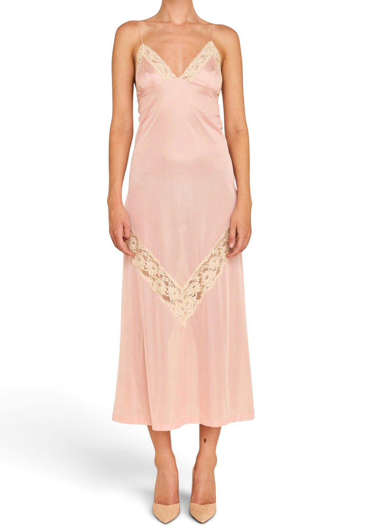 Lost Labels vintage blush pink nylon slip dress with delicate lace trim on the bust and V-shaped skirt detail