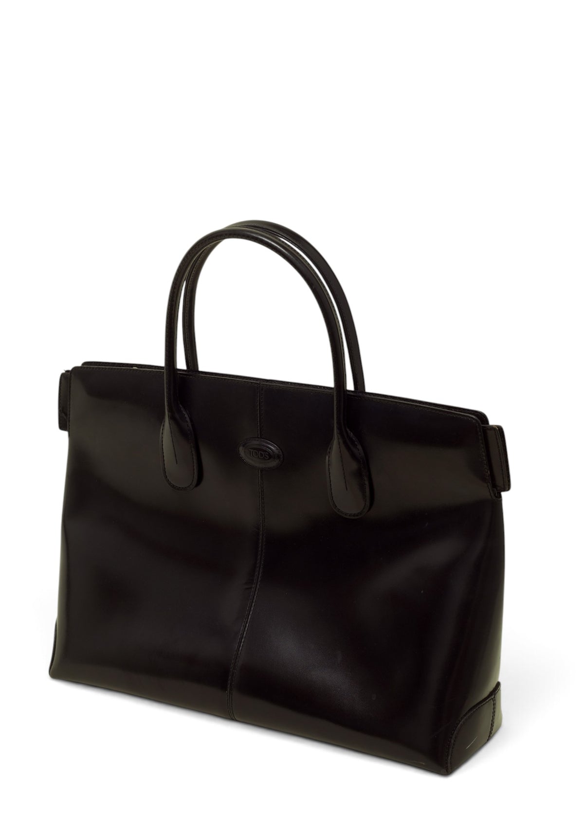 Lost Labels vintage Tod's black leather handbag with structured top handles and embossed logo detail
